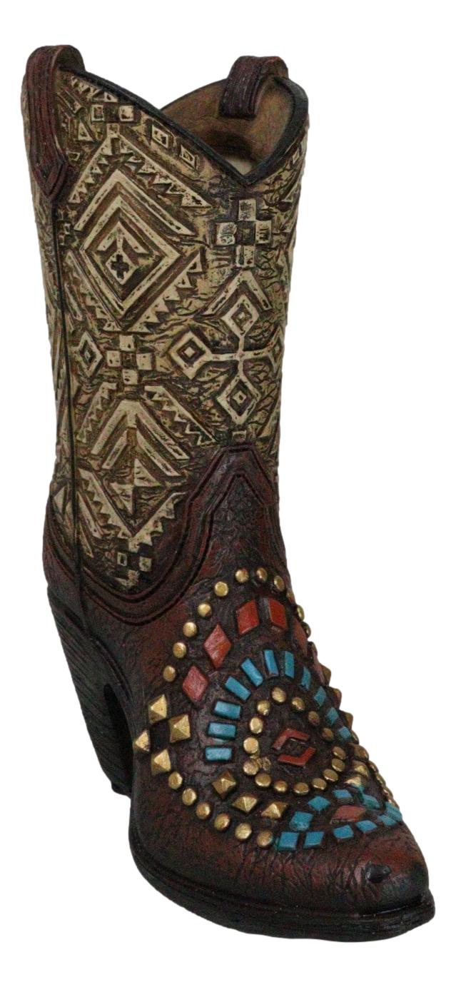 Rustic Western Colorful Aztec Mosaic Patterns Cowgirl Boot Vase Holder Figurine