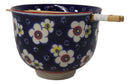 Blue Ume Plum Blossoms Ceramic Donburi Ramen Soup Red Bowl With Chopsticks Set