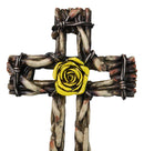 Rustic Western Yellow Rose with Distressed Faux Wood and Barbed Wires Wall Cross