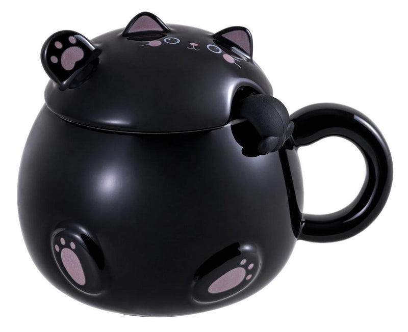 Whimsical Black Chubby Feline Kitty Cat Cup Mug With Lid And Stirring Spoon