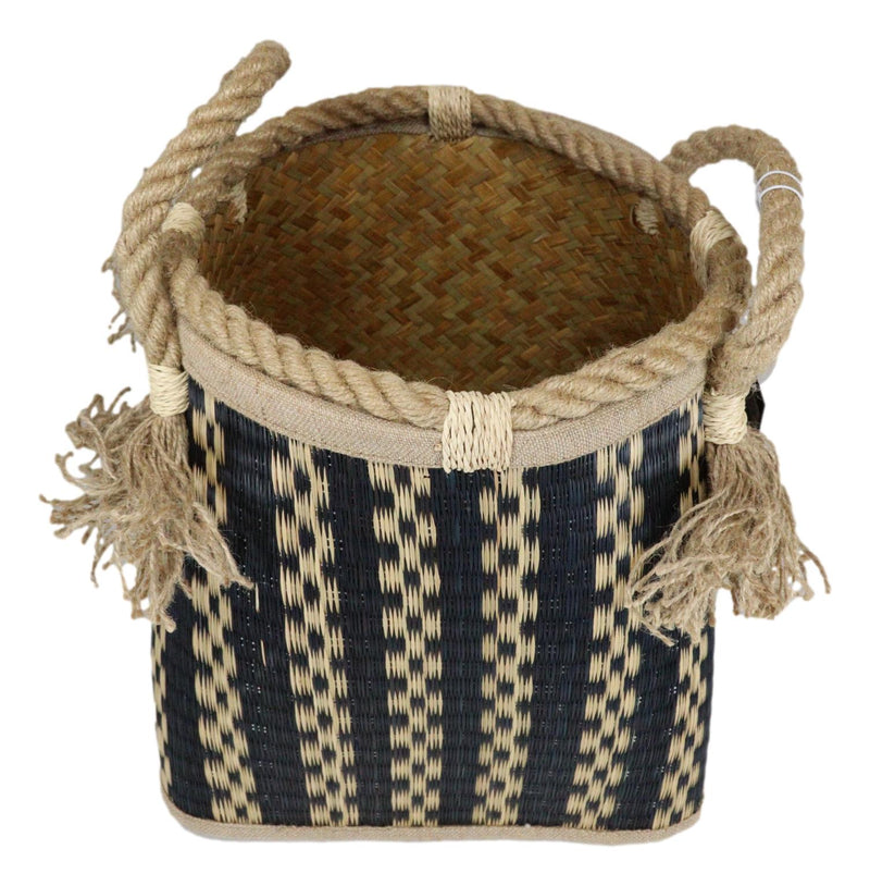 Black And Beige Open Hand Woven Seagrass Wicker Baskets With Handles Set of 2