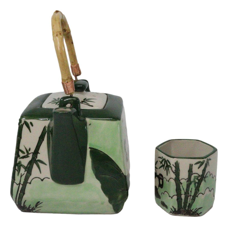 Green Bamboo Lucky Panda Bear Ceramic Hexagonal Teapot With 4 Tea Cups Set