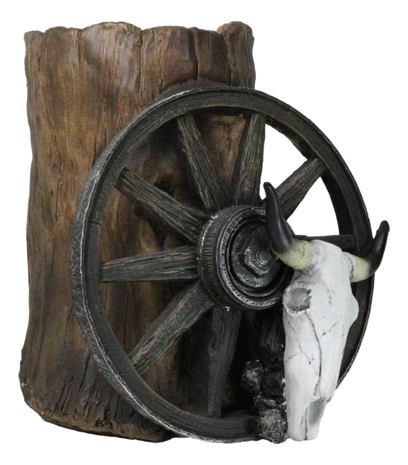 Rustic Western Cow Skull Wagon Wheel By Tree Trunk Decorative Planter Or Vase