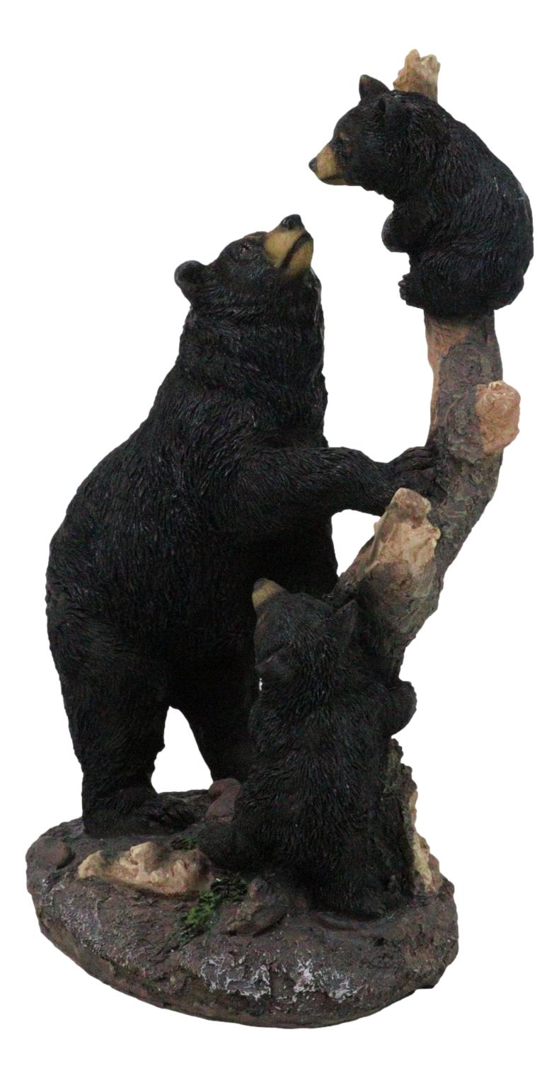 Rustic Forest Black Bear Mother and Her Cubs Climbing On Tree Trunk Figurine