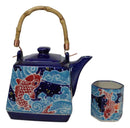 Auspicious Red Koi Fishes In Blue Waters Hexagonal Teapot With 4 Tea Cups Set