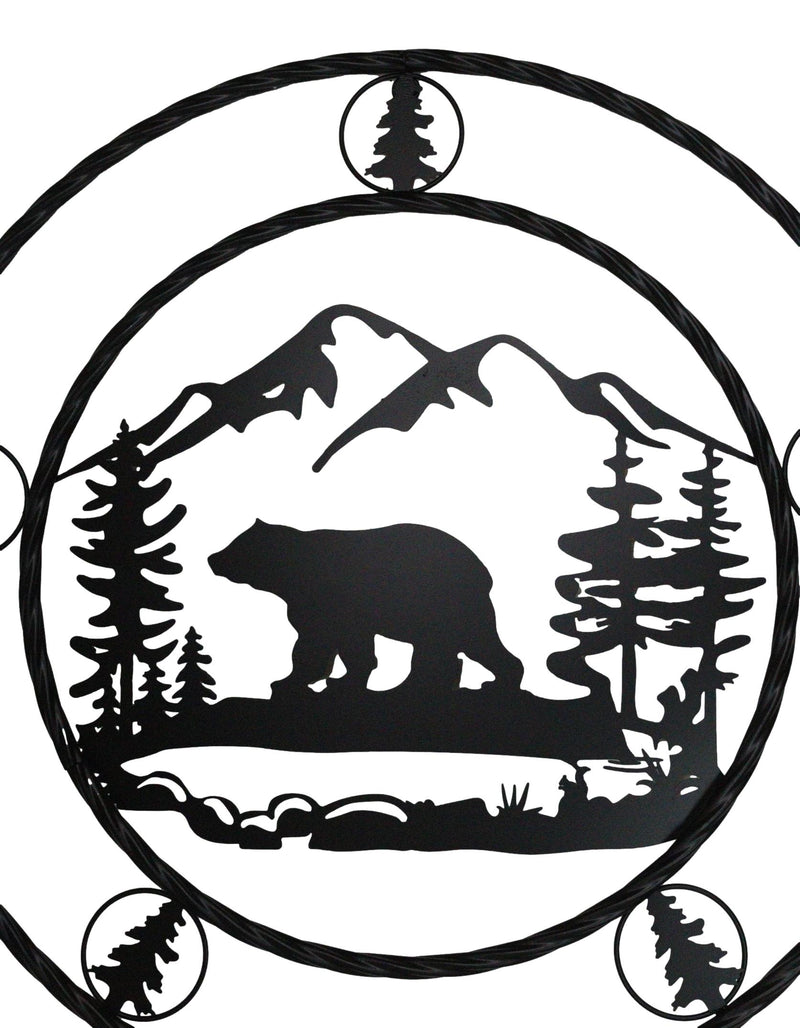 24"Dia Rustic Western Black Bear By Mountains Pine Forest Metal Wall Circle Sign