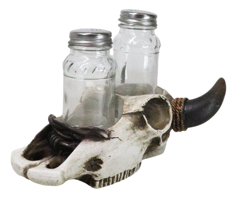 Rustic Western Cow Skull With Roped Horns Salt Pepper Glass Shakers & Holder Set