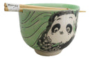 Green Lucky Panda With Flowers Ceramic Donburi Ramen Bowl With Chopsticks Set