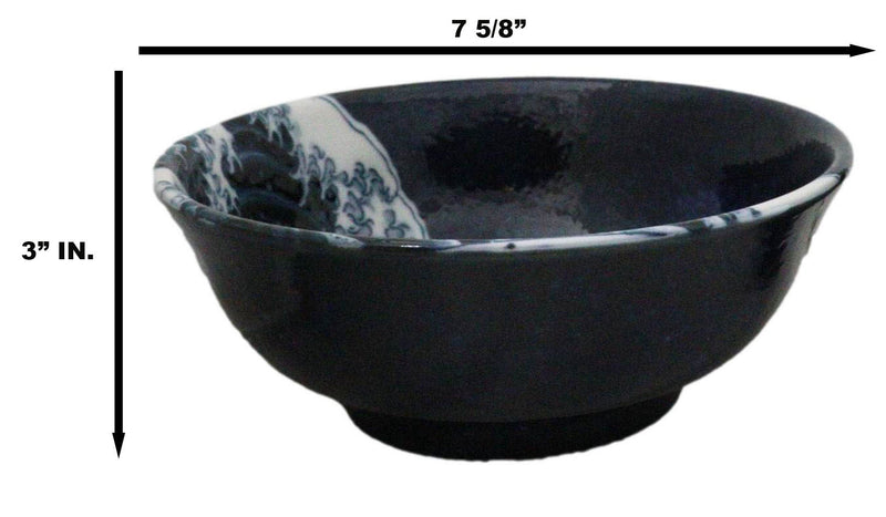 Set Of 4 Blue Japanese Hokusai Great Wave Porcelain Large Ramen Soup Bowls 28oz