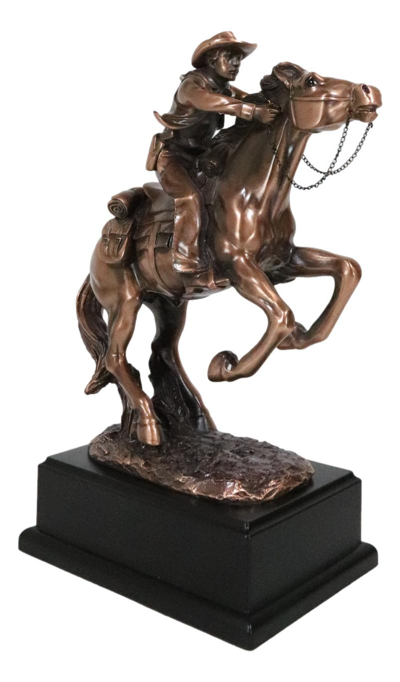 Rustic Western Wild Cowboy Bracing On A Galloping Horse Bronzed Resin Statue