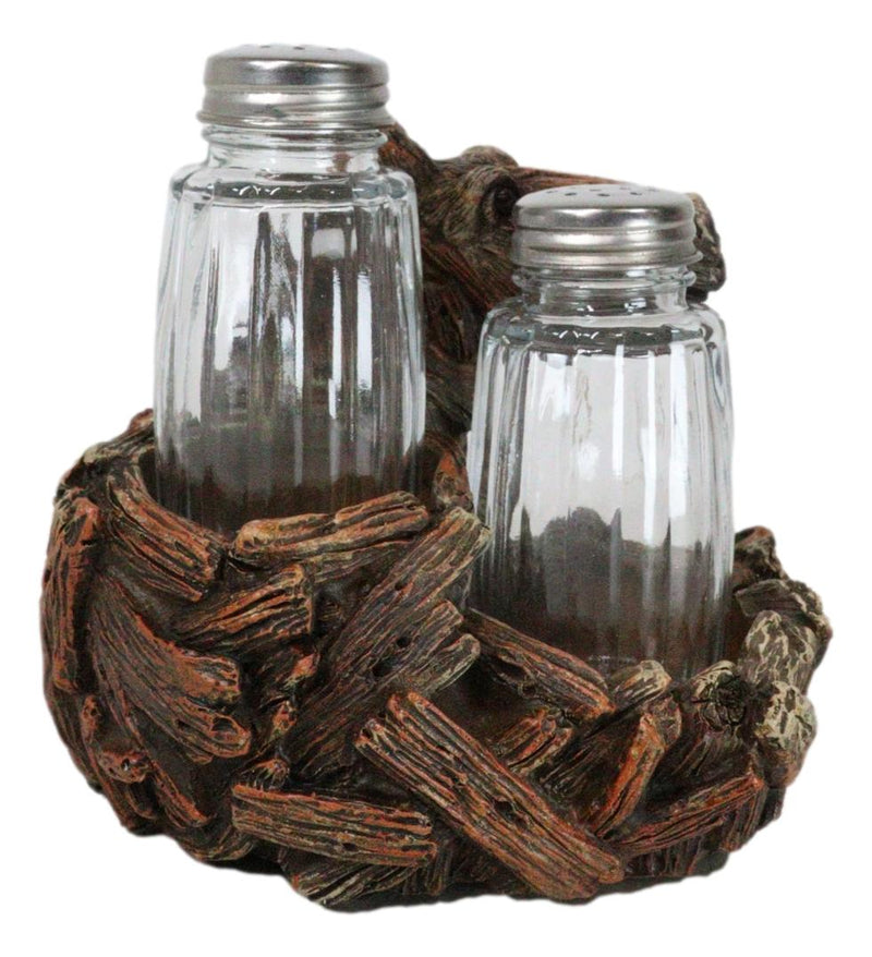 Western Wild And Free Faux Wood Tree Logs Horse Bust Salt Pepper Shakers Holder