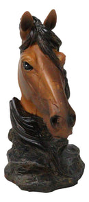 Wild and Free Brown Stallion Equine Horse Bust On Rocky Pillar Base Figurine