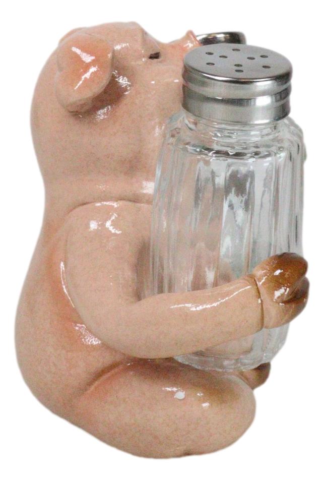 Rustic Country Animal Farm Porky Pig Hugging Salt Pepper Shakers Holder Set