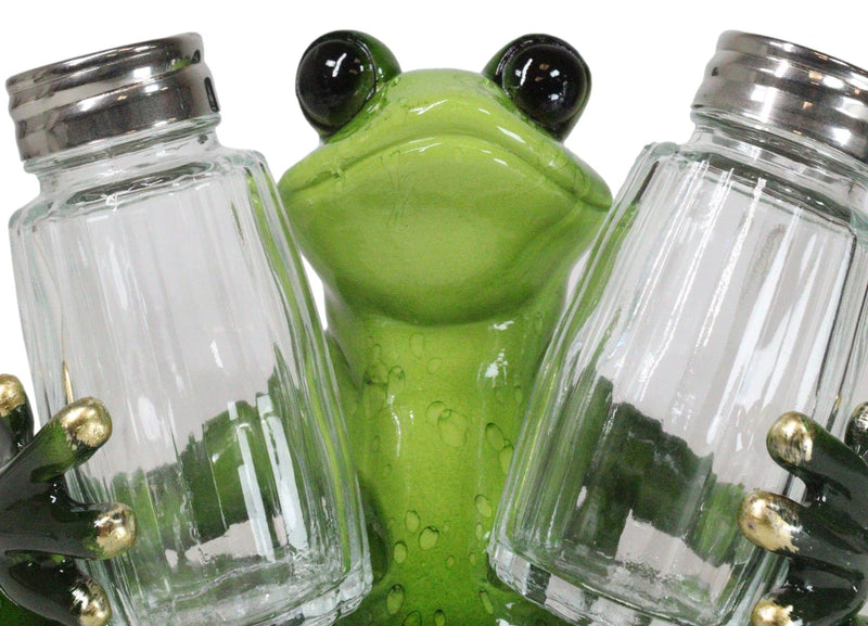 Green Tree Frog Toad Meditating Glass Salt Pepper Shakers Holder Figurine Set