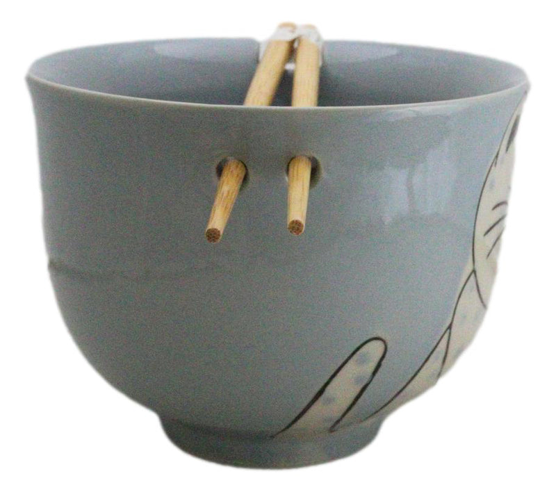 Blue Chubby Kitty Cat Sleeping Ceramic Donburi Ramen Bowl With Chopsticks Set