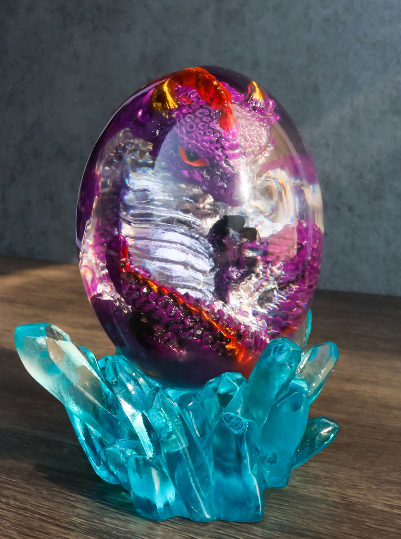 Purple Dragon In Acrylic Glass Egg With Aqua Crystals And LED Lava Rock Bases