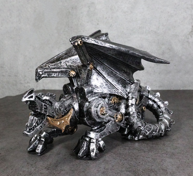 Roaring Steampunk Silver Robotic Cyborg Winged Geared Clockwork Dragon Figurine