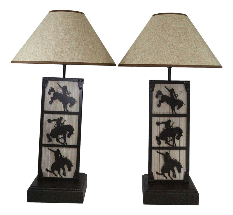 Set of 2 Rustic Western Cowboy On Giddy Up Horse Wood Metal Bedside Table Lamps