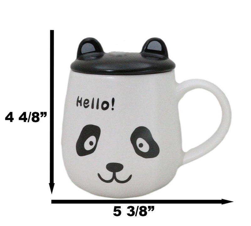 Hello Panda Bear Ceramic Coffee Mug Cup With Spoon And Perky Ears Lid 14oz