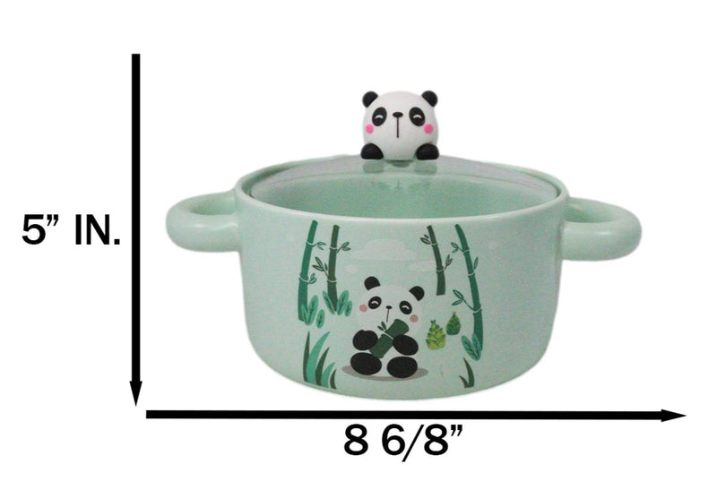 Green Curious Panda Bear Donburi Ramen Soup Bowl With Glass Lid And Handles