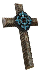 Southwestern Turquoise Fleur De Lis French Lily Faux Wooden Wall Cross Plaque