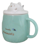 Whimsical Green Chubby Feline Kitty Cat Cup Mug With Lid And Stirring Spoon