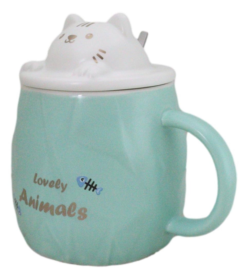 Whimsical Green Chubby Feline Kitty Cat Cup Mug With Lid And Stirring Spoon