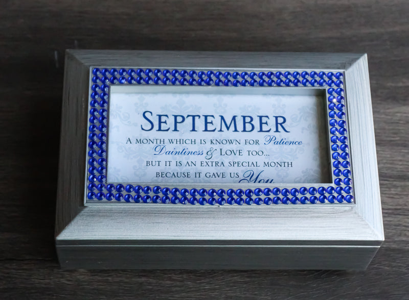 September Sapphire Patience And Love Birthstones Silver Tone Musical Trinket Box