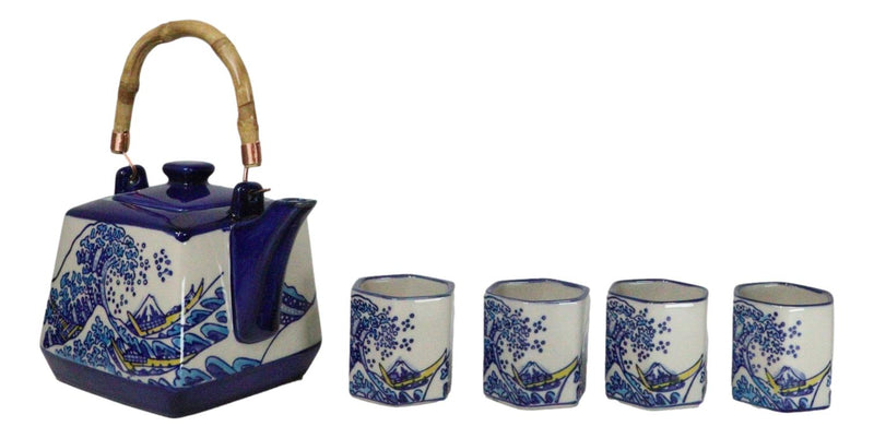 Blue White Great Wave Of Kanagawa Hokusai Hexagonal Teapot With 4 Tea Cups Set