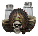 Native American Indian Chieftain Skull With Headdress Salt Pepper Shakers Set