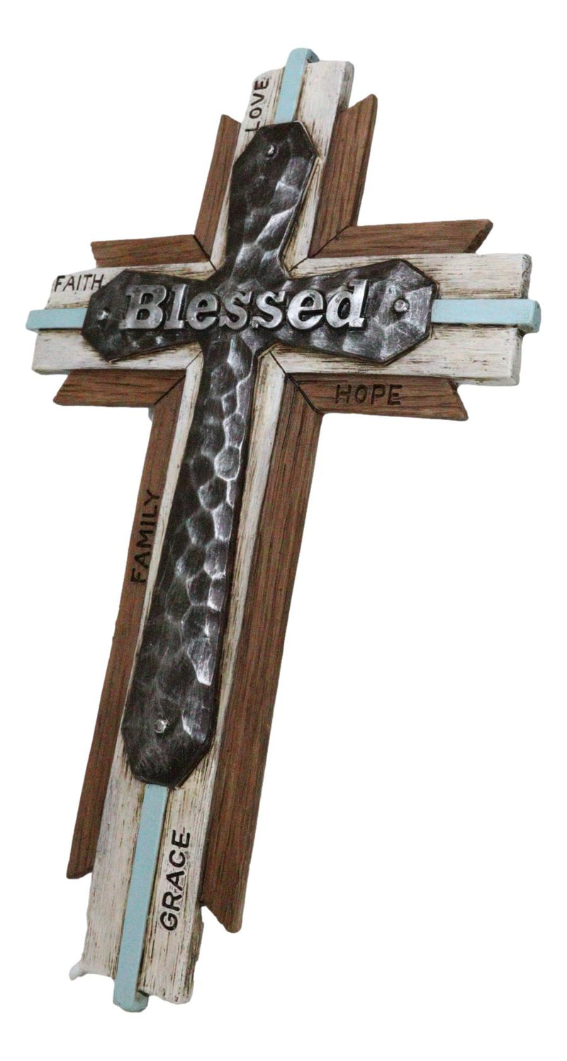 Rustic Western Faux Wood Blessed Faith Love Hope Family Grace Layered Wall Cross