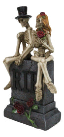 Gothic Skeleton Bridal Couple Sitting On Grave Tombstone With Red Roses Figurine