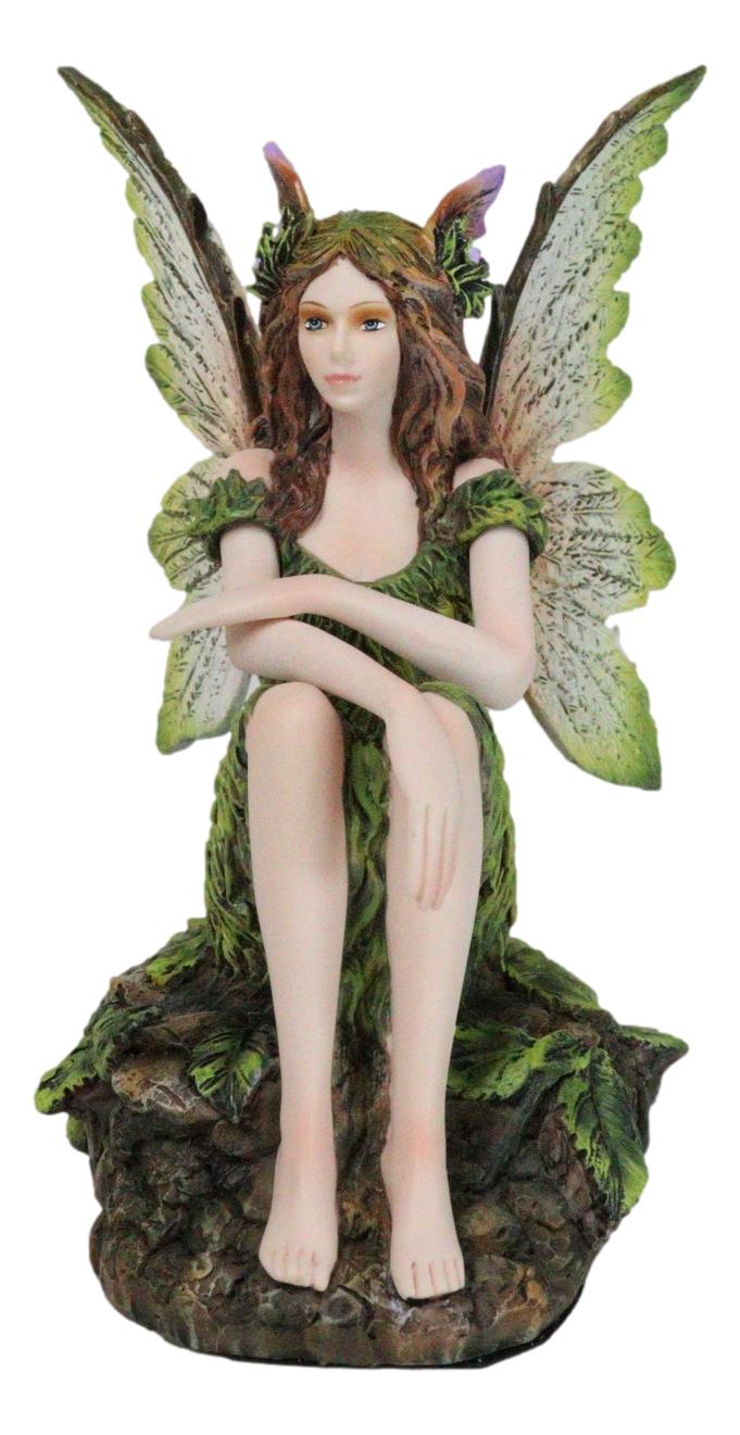 Sitting Pretty Tribal Elf Pixie Earth Fairy in Green Foliage Dress Figurine