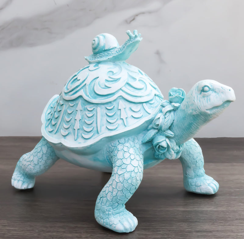 Auspicious Pastel Blue Turtle Tortoise With Patterned Shell And Snail Figurine