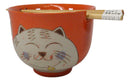 Orange Chubby Kitty Cat Ceramic Donburi Ramen Soup Bowl With Chopsticks Set