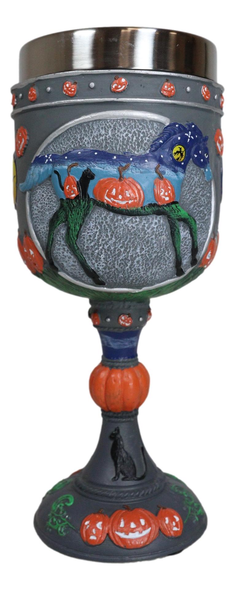 Trail Of Painted Ponies Pumpkin Patch Halloween Night Sky Horse Wine Goblet