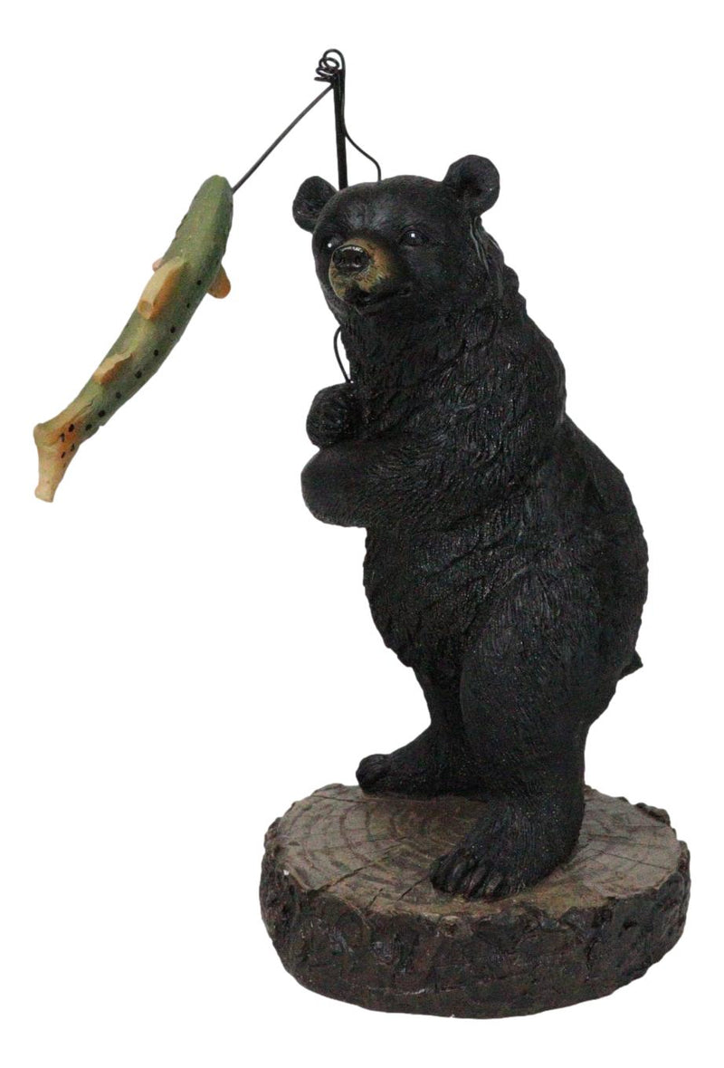 Whimsical Rustic Forest Black Bear Catching Largemouth Bass Fish Figurine