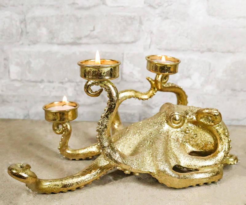 Contemporary Gold Tone Marine Ocean Octopus Tentacles Trio Votive Candle Holder