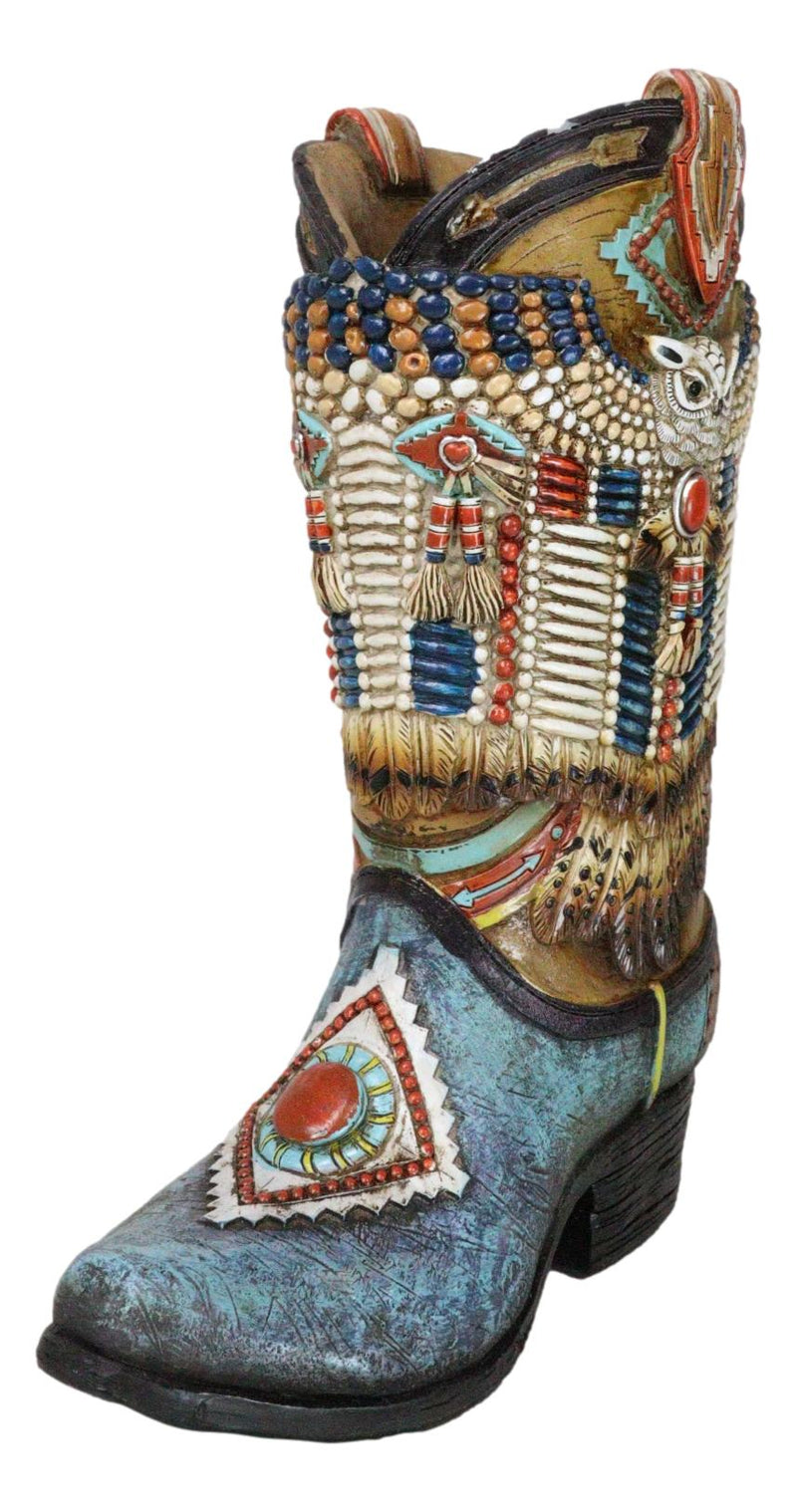 Southwestern Indian Beaded Turquoise Mystic Owl Faux Leather Cowboy Boot Vase