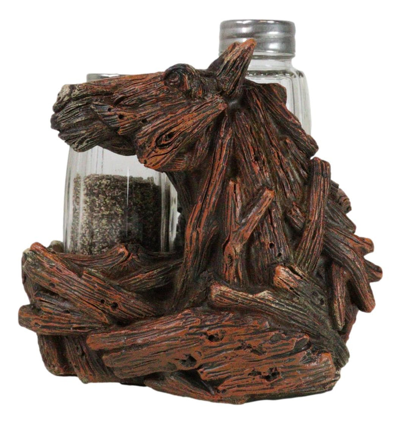 Western Wild And Free Faux Wood Tree Logs Horse Bust Salt Pepper Shakers Holder