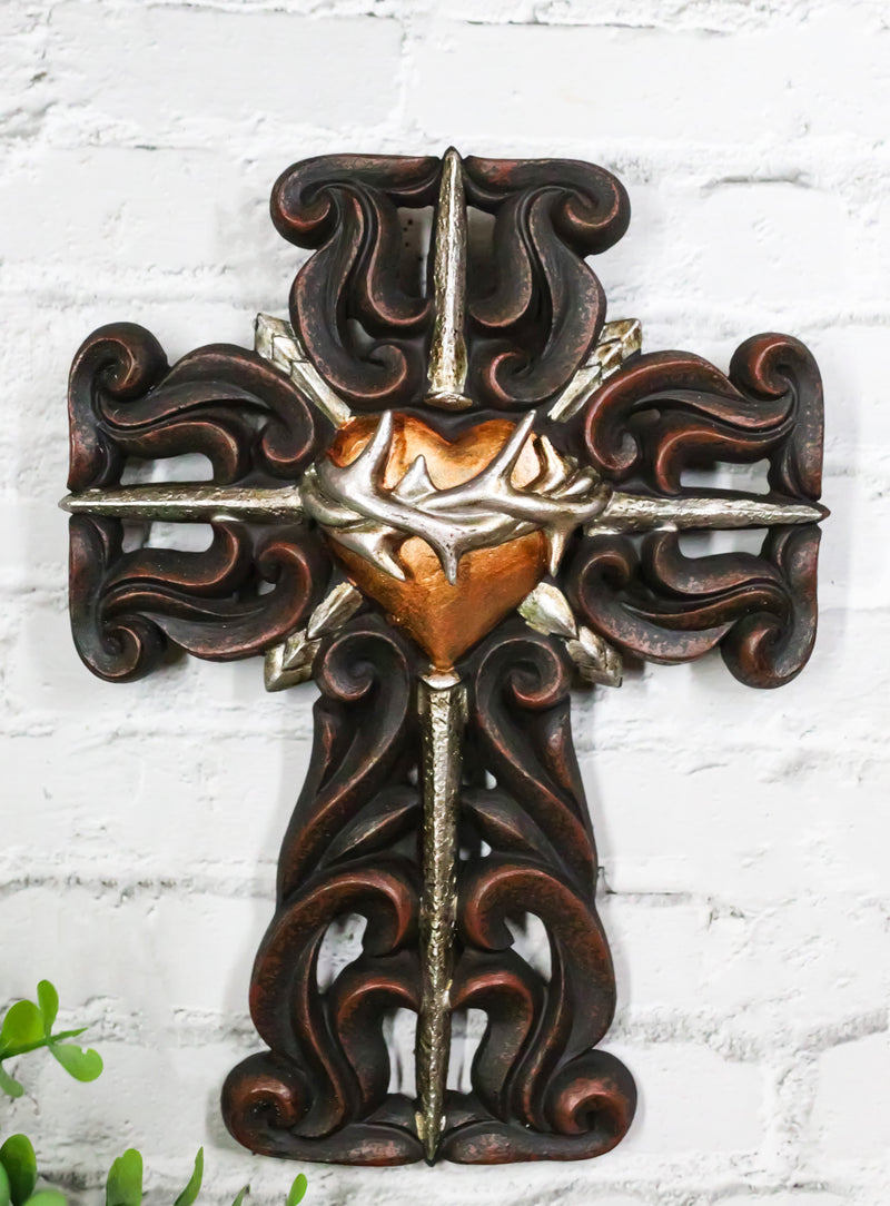 Rustic Sacred Heart Crown of Thorns And Spike Nails Faux Wooden Wall Cross Decor