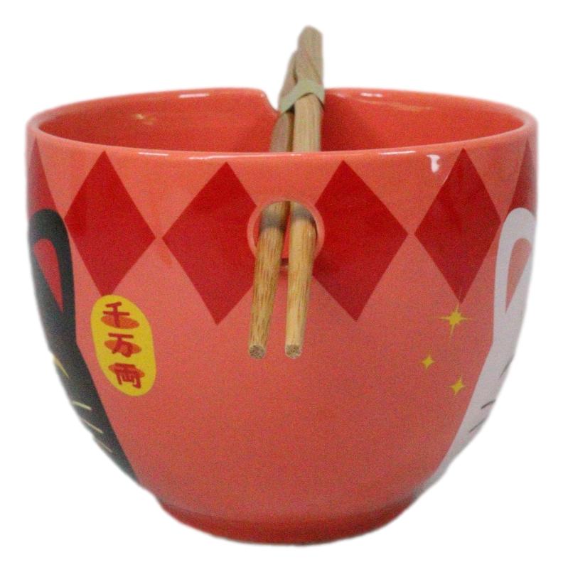 Red Maneki Neko Lucky Cats Ceramic Donburi Ramen Soup Bowl With Chopsticks Set