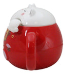 Red Maneki Neko Beckoning Lucky Cat Mug Cup With Kitty Lid And Stirring Spoon