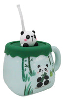 Cute Panda Bear By Bamboo Forest Green Ceramic Mug With Silicone Lid And Straw