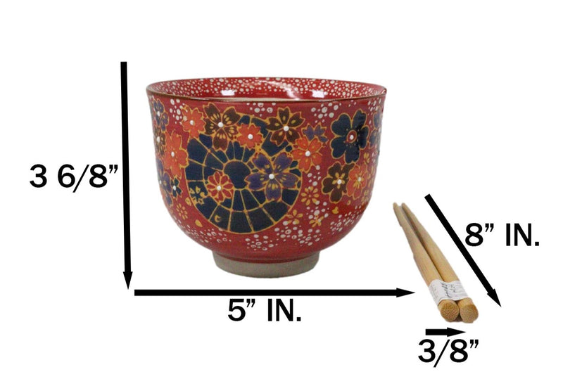 Colorful Spring Flowers Ceramic Donburi Ramen Soup Red Bowl With Chopsticks Set