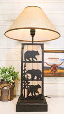 Rustic Western Black Bears In Forest Wood And Metal Bedside Desktop Table Lamp