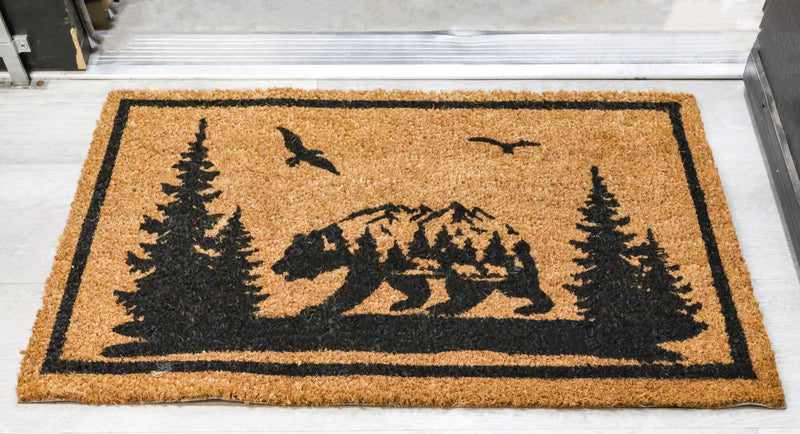 Rustic Western Black Bear Scenic Pine Forest Coir Fiber Floor Mat Doormat 30X18