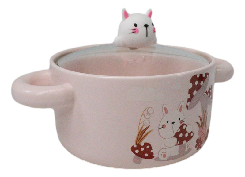 Ceramic Pink Rabbit In Mushroom Forest 30oz Noodle Dessert Bowl W/ Glass Lid