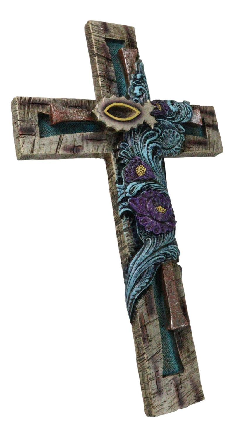 Rustic Turquoise Floral Blooms Ichthys Jesus Fish Symbol Faux Wooden Wall Cross