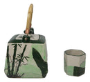 Green Bamboo Lucky Panda Bear Ceramic Hexagonal Teapot With 4 Tea Cups Set